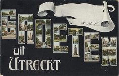 602721 Afbeelding van een Groeten uit Utrecht prentbriefkaart waar in de letters van Groeten verschilldende ...